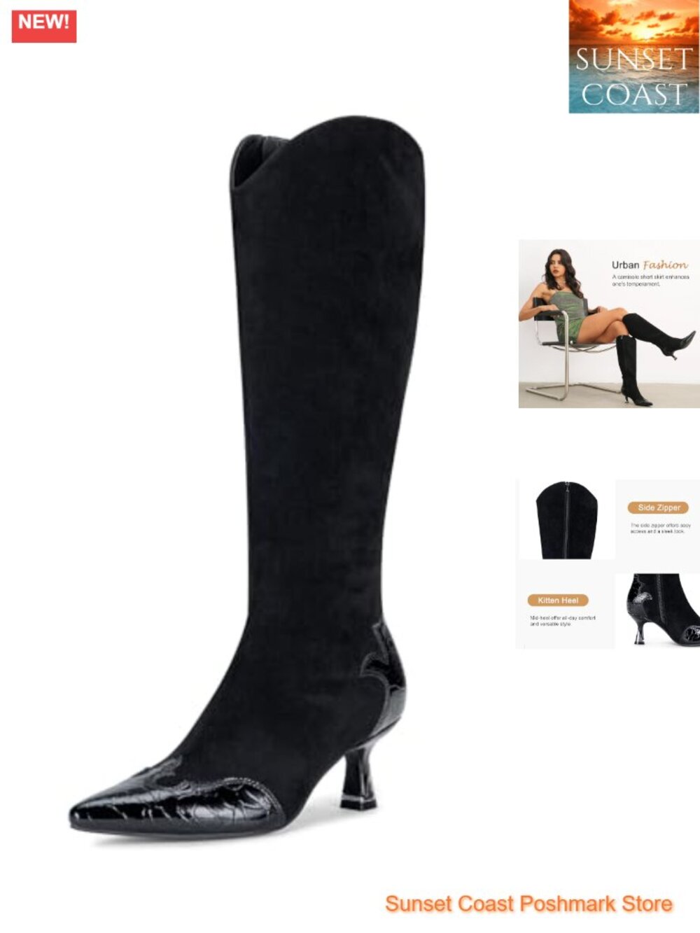 Knee High Boots Pointed Toe Kitten Heel Side Zip Faux Leather Dress Boots